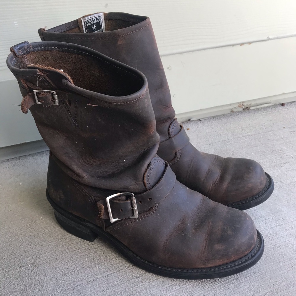 Frye Brown Leather Moto Boots with Buckle Detail